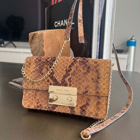 MICHAEL KORS Snake Leather Print Brown Gold Color Crossbody Bag Mini - Picture 9 of 9